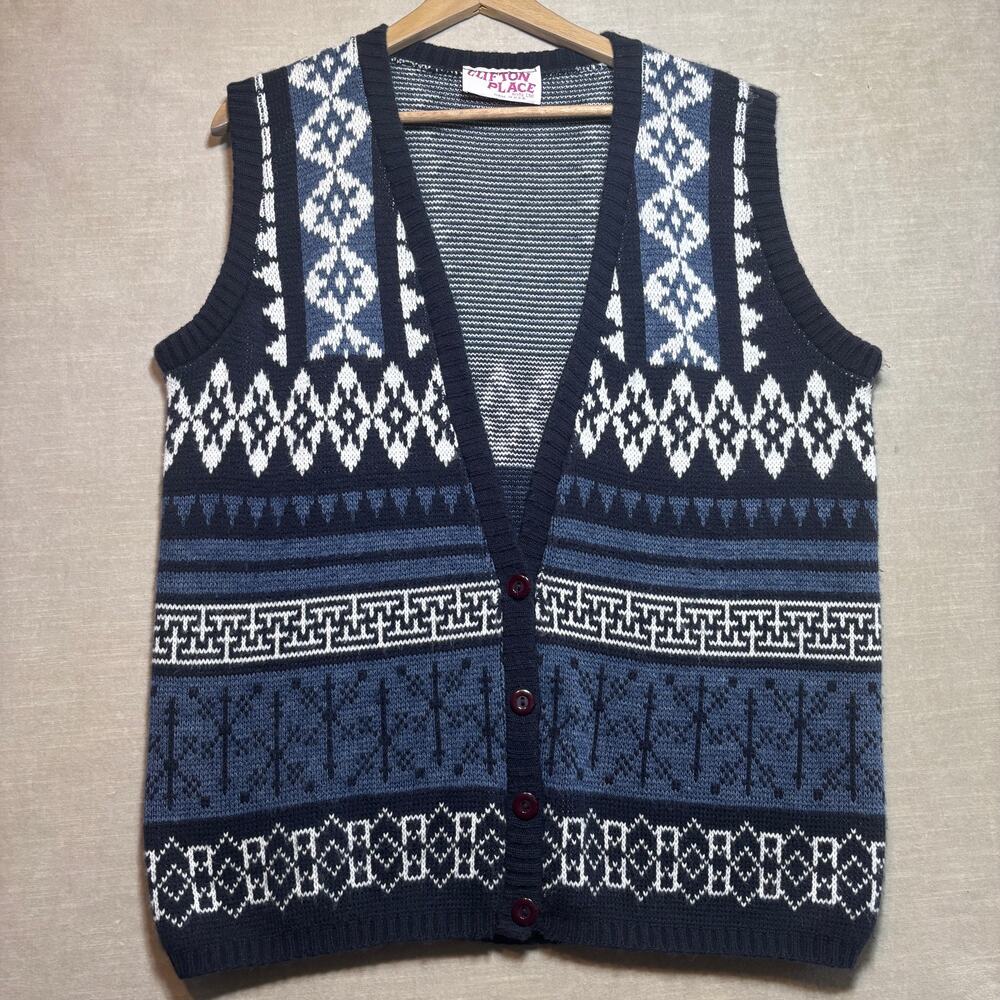 Vtg Clifton Place Knit Vest L Nordic Fair Isle Grandpa Cozy Cabincore Blue White